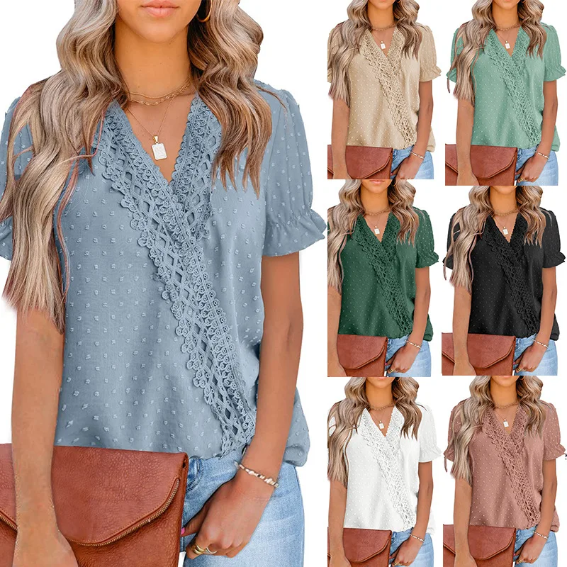 

Women's Clothing 2022 Summer Spring New Chiffon Fur Ball Lace V-neck Short Sleeve Shirt Blouse Top Solid Color Fashion Casual