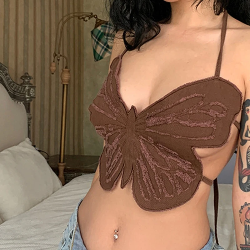 Джинсовый укороченный топ с бабочками пикантная синяя Милая женская майка