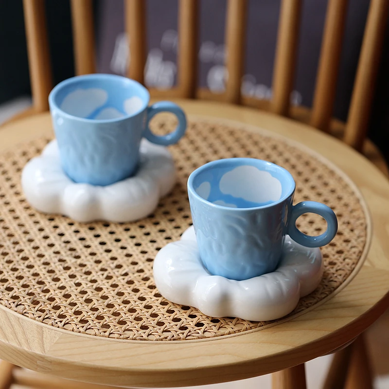 

Creative Hand Painted Blue Sky White Cloud Cup and Saucer Ceramic Handmade Coffee Mug with Dish Cute Tea Cup Set Home Decor Gift