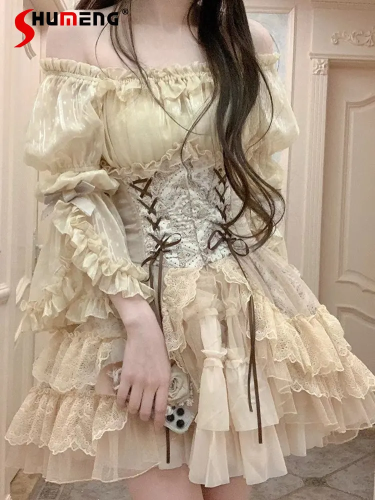 

Lolita Court Chiffon Top and Girdle Cake Skirts 3 Pieces Set Women's Spring Sweet Waist-Tight Half Puff Sleeve Cake Skirt Siut