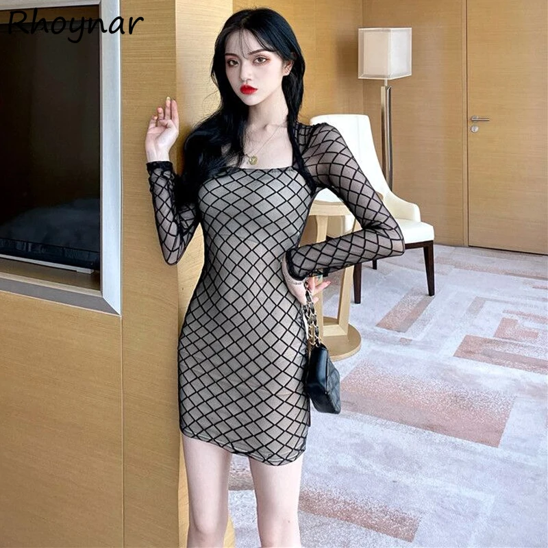

Long Sleeve Dress Women Korean Style Slim Sexy Clubwear Vintage Tunic Sheath Plaid Mini All-match Stylish Vestidos Empire Mujer