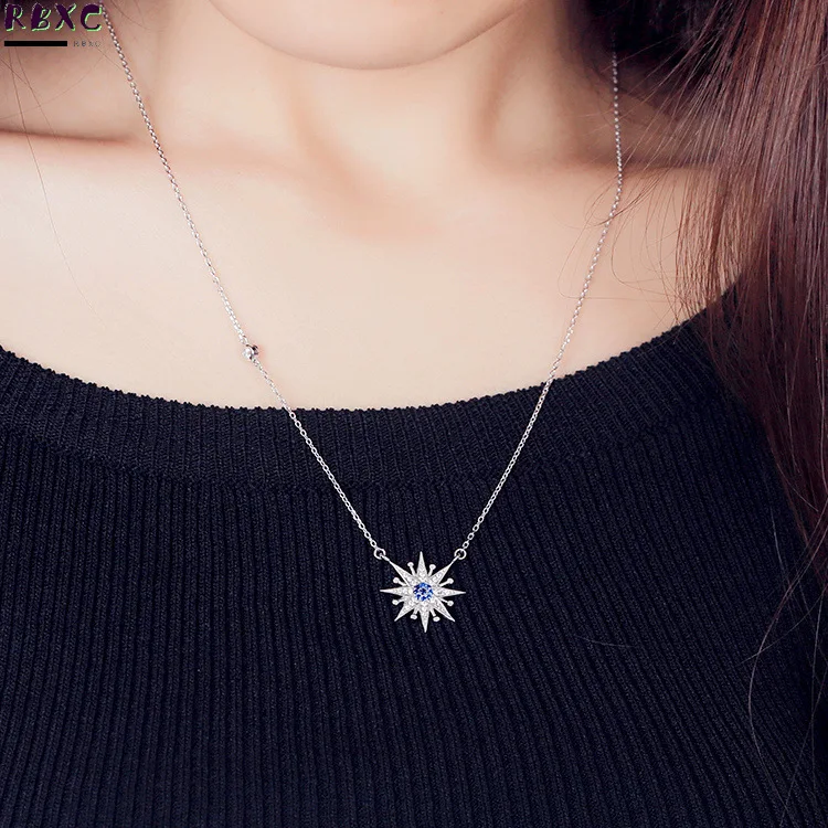 

RXBC S925 Sterling Silver Necklace Korean sun flower zircon necklace fashion silver jewelry