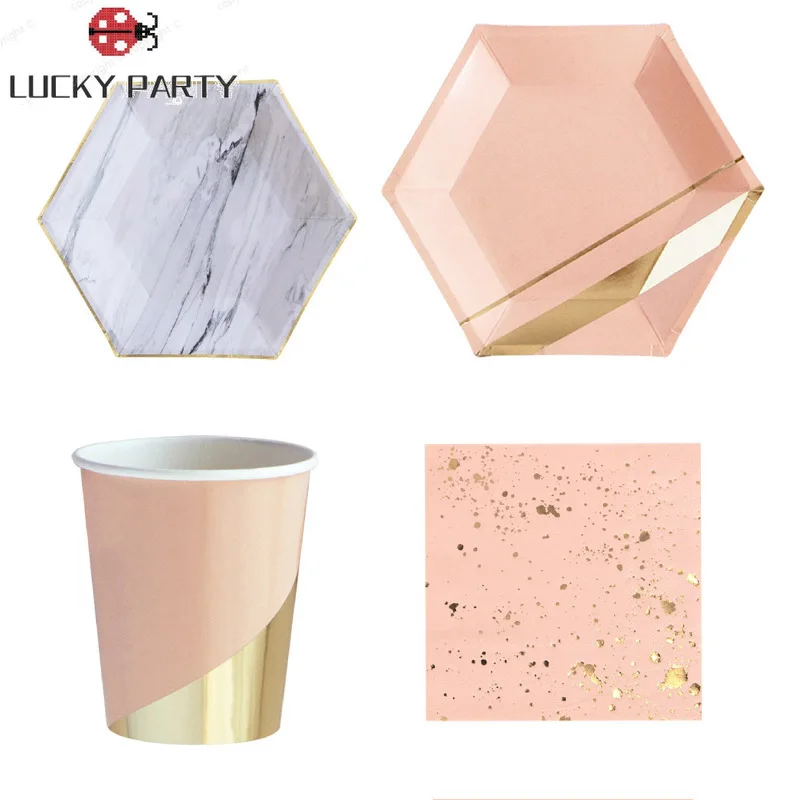 

Бумажная одноразовая посуда из розового золота 68 шт./компл.