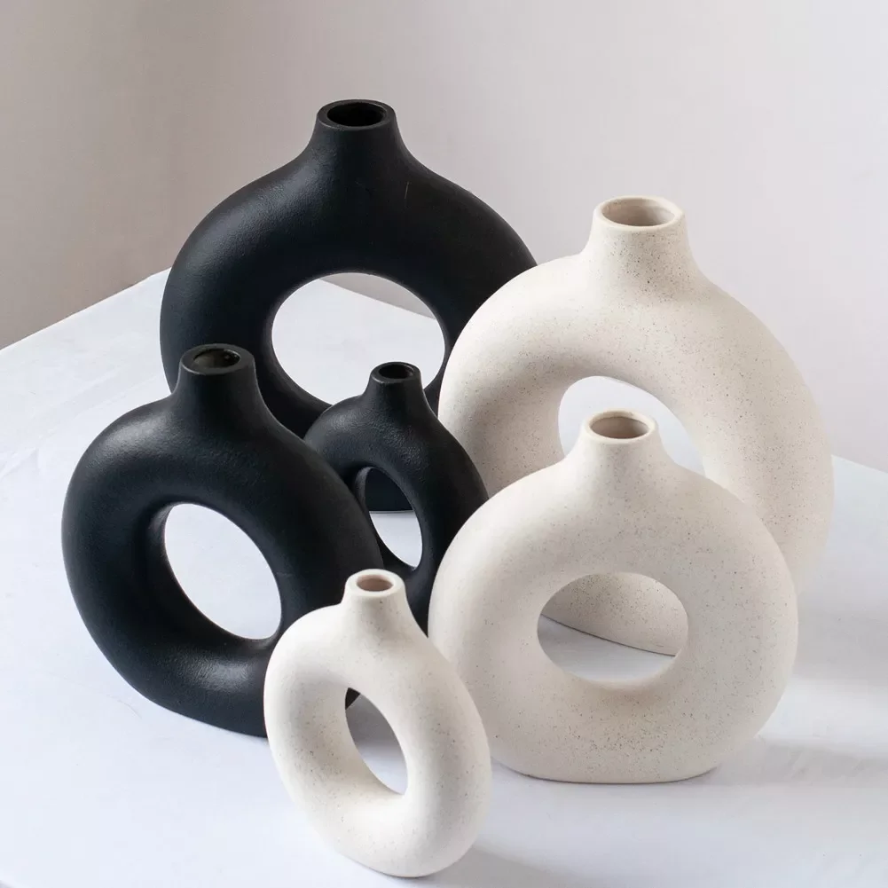 

VILEAD Black Circular Hollow Ceramic Vase Donuts Nordic Flower Pot Home Decoration Accessories Office Living Room Interior Decor