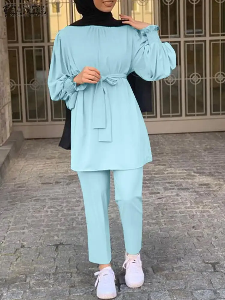 

ZANZEA 2PCS Women Long Sleeve Blouse Muslim Sets Elegant Islamic Clothes Solid Urban Tracksuit Pants Sets Casual Dubai Outfits