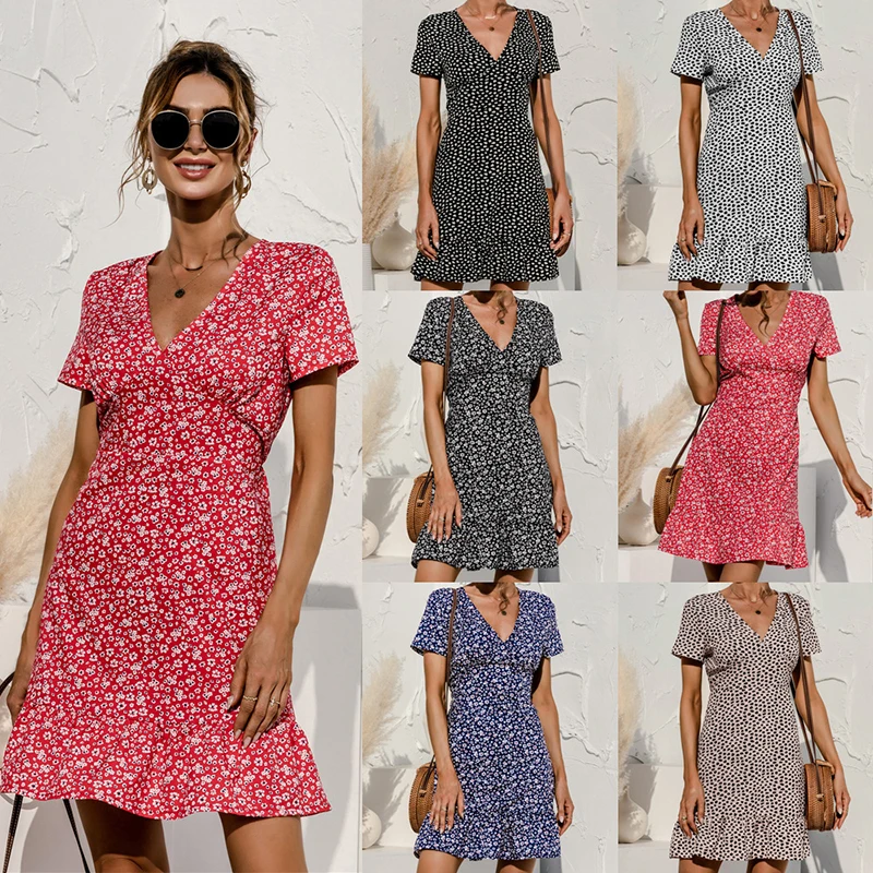 

Women's Summer New Fashion Sexy Bohemia V Neck Short Sleeve Mini Dress Casual Street Floral Print Ruffles A Line Woman Sundress