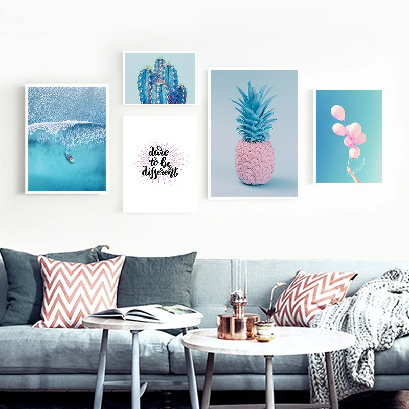 

Modern Nordic Blue Theme Ocean Pineapple Cactus Balloon Landscape Picture Poster Print Wall Art Canvas Painting Home Decoration