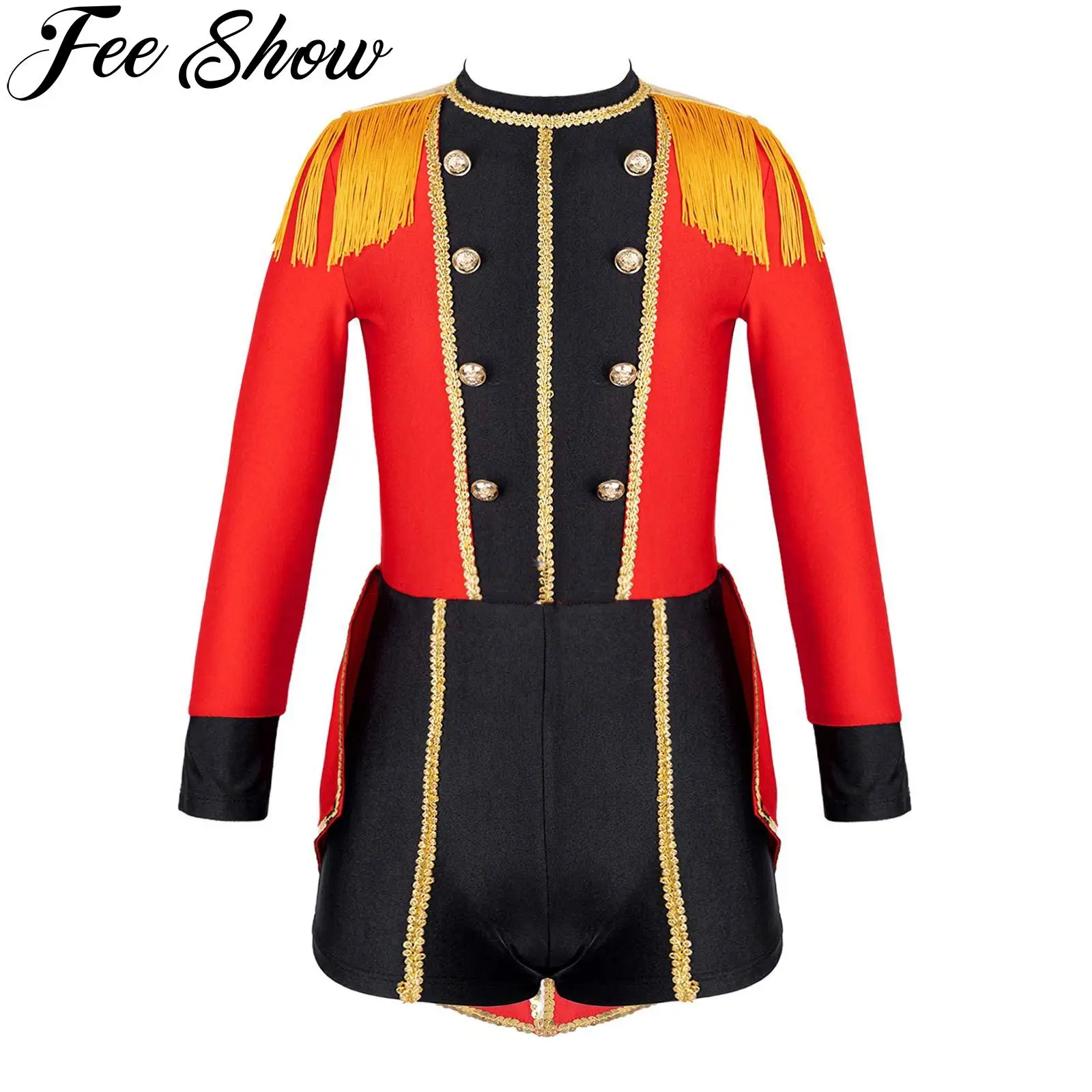 

Kids Girls Long Sleeve Tassel Gold Trim Tailcoat Bodysuit Circus Ringmaster Lion Tamer Halloween Cosplay Performance Fancy Dress