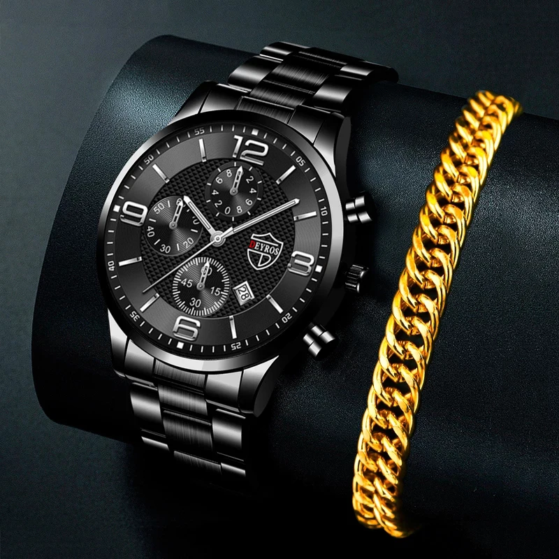 

Часы наручные мужские кварцевые из нержавеющей стали, роскошные модные, серебристые светящиеся повседневные с календарем, с золотым брасле...
