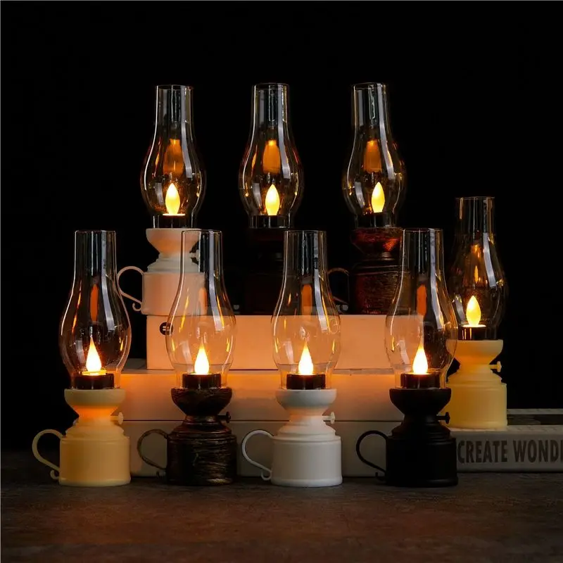 

Retro Flameless Candle Holders Candlestick Kerosene Candle Lamp with Button Battery Table Light for Bedside Ornament Photo Prop