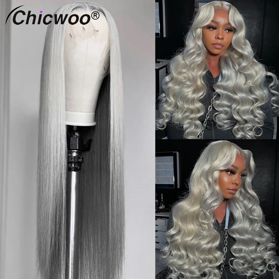 

Silver Gray Loose Body Wave Wigs 13x4 Transparent Lace Frontal Silky Straight Women Wig Brazilian Virgin Human Hair Preplucked