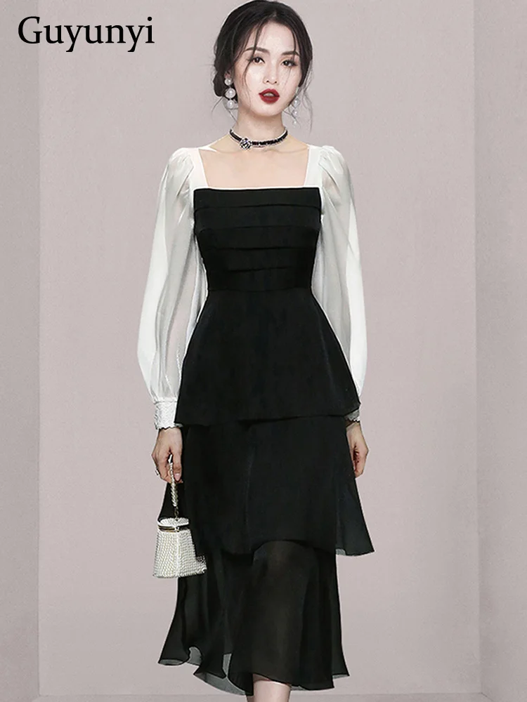 

Elegant Fashion Party Dress 2022 Autumn Square Neck Solid Color Stitching Long Puff Sleeves High Waistline Black Dress Women