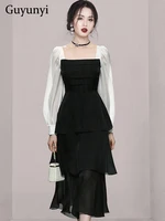 elegant fashion party dress 2022 autumn square neck solid color stitching long puff sleeves high waistline black dress women