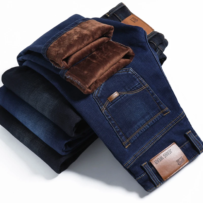 Nice Winter New Men's Warm Slim Fit Jeans Business Fashion Thicken Denim Trousers Fleece Stretch Brand Pants Black Blue