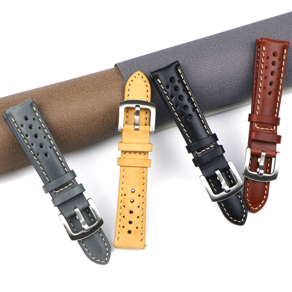 Handmade Cowhide Breathable Watch Band 18 19 20 22mm Men Women 4 Colors Oil Wax Genuine Leather Strap Watchband Accessories