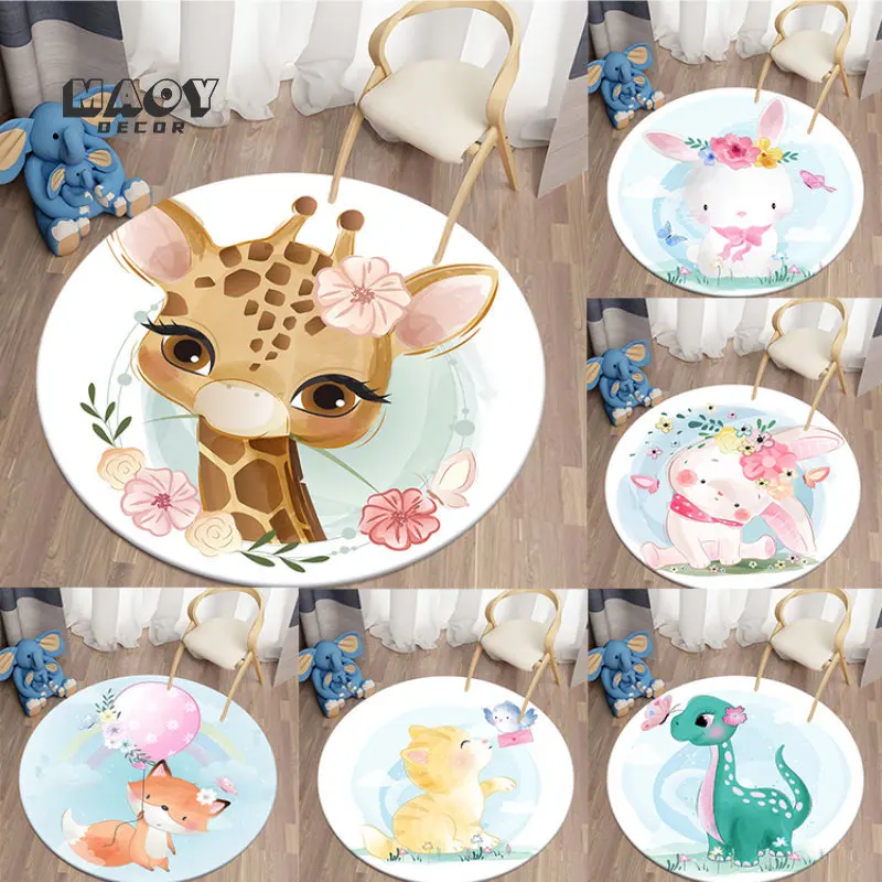 

Cartoon Round Rug Living Room Animal Rabbit Fox Pattern Bedroom Floor Anti-slip Carpets Children's Play Area Mats Home Decor