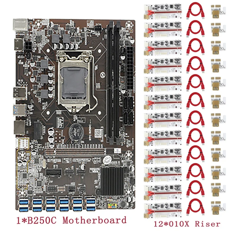 

B250C BTC Mining Motherboard 12 USB3.0 To PCIE Graphics Slot LGA 1151 DDR4 DIMM SATA3.0 With 12XVER010-X PCIE Riser Card