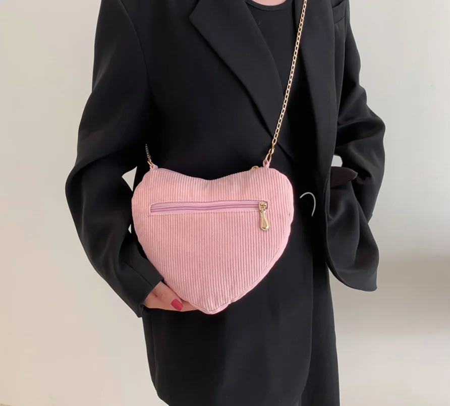 

Canvas Corduroy Handbags Heart Shape Messenger Bag Chain Satchel Bags Solid Color Shoulder Bags Korean Hobo Bag Phone Pouch