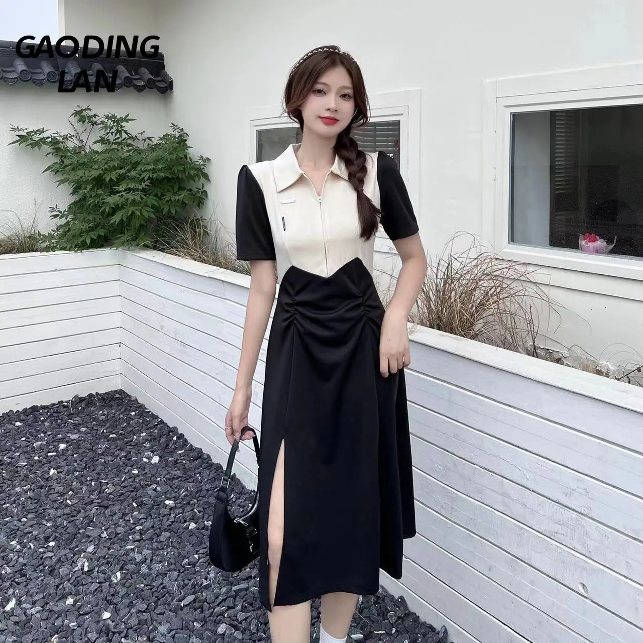 

GAODINGLAN Summer Women Turndown Collar Short Sleeve Vintage Dress Splicing Color High Waist A Line Slim Fit Mid Calf Dresses