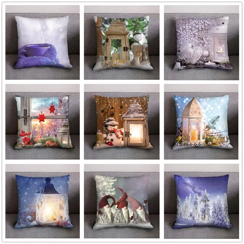 

2022 New Polyester Santa Snowman Printed Throw Pillow Case Beautiful Natural Scenery Printing Pillows Cover for Sofa Car Chair