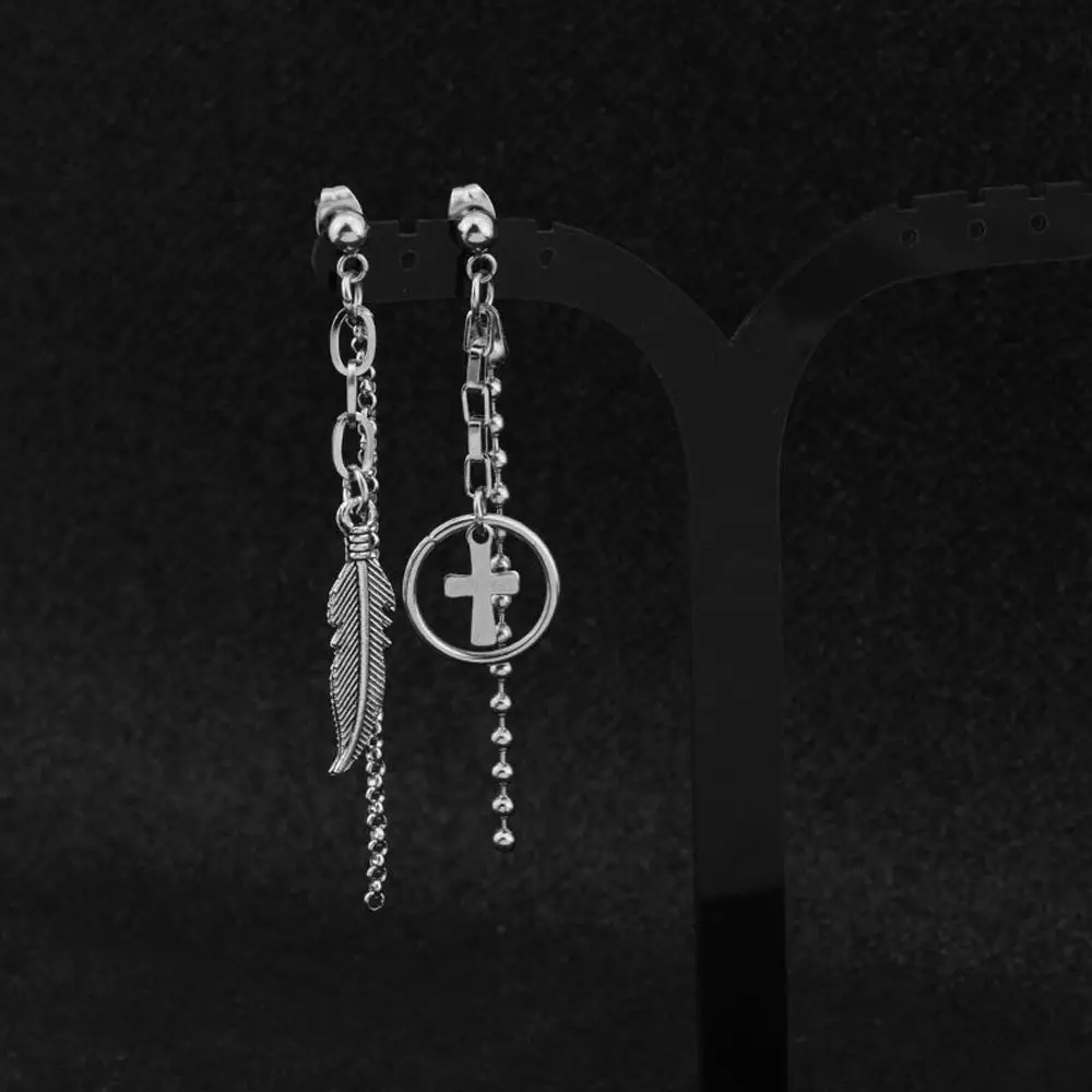 

Trendy Punk Feather Cross Pendant Earrings Star Lock Love Pendant Chain Earrings Personality Cool Hip Hop Geometric Earrings