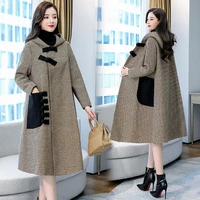 open front long jacket hoodies autumn stylish women hooded wool coat casual solid long sleeve woolen cardigan thin trench coats
