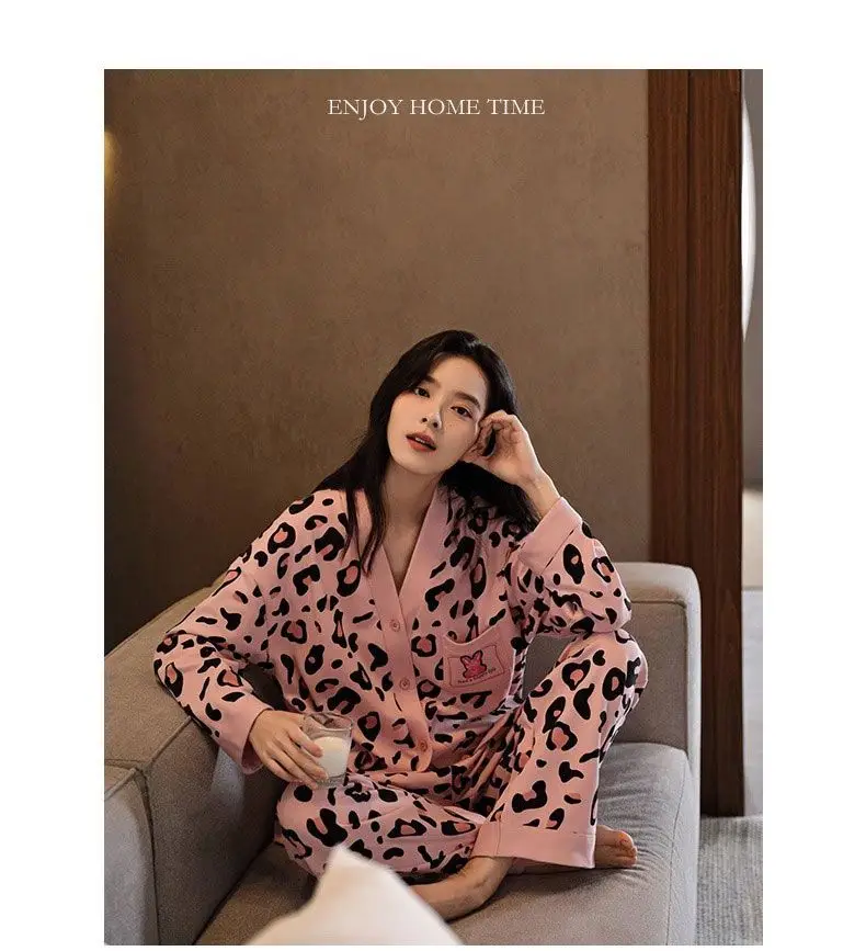Осенне-зимняя женская розовая свободная Пижама с леопардовым принтом домашний