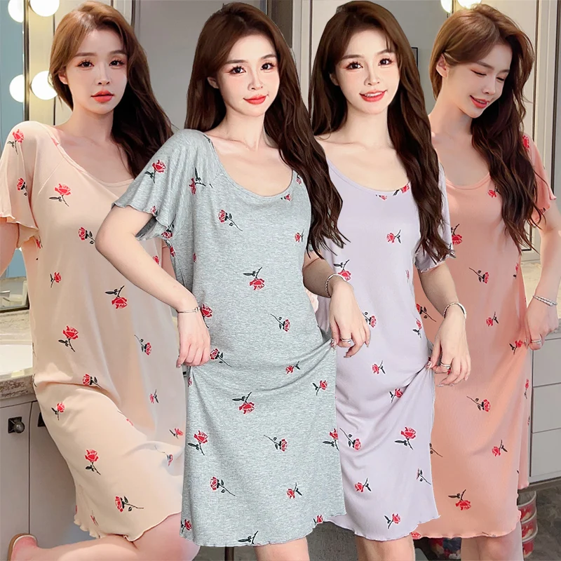 

2023 Summer Short Sleeve Modal Print Nightgowns for Women Korean Loose Sleepwear Nightdress Night Dress Ladies Nightwear Nighty