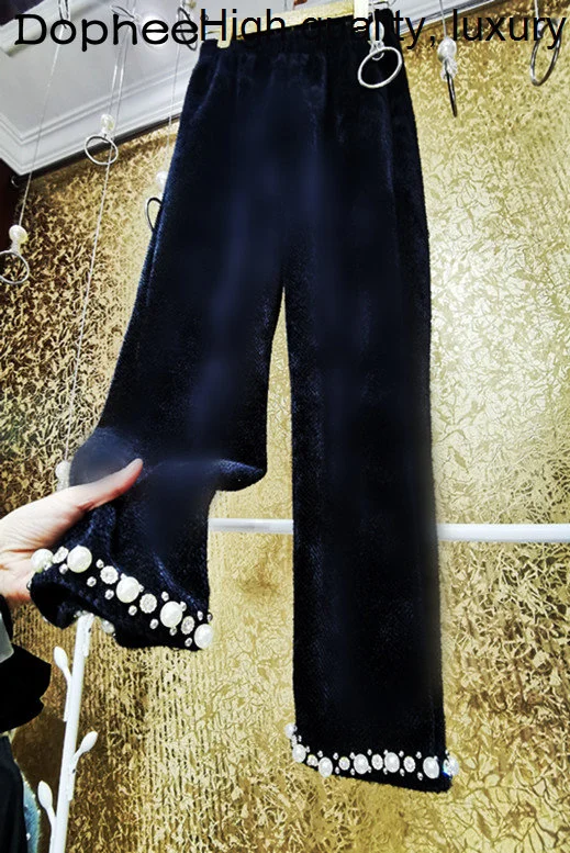 Korean High-End Custom Beads Rhinestone Mink Sweater Women Luxury Plush Thick Warm Knitted Trousers Black Casual Pants