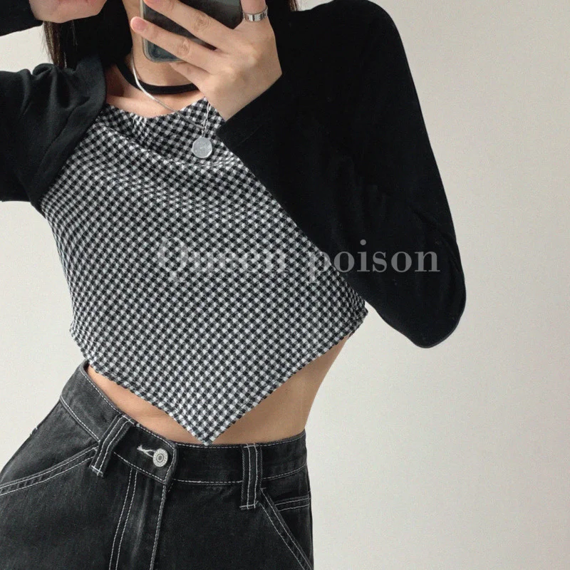 

Модный квадратный шарф для девушек Спайс футболка из двух частей Женский Осенний индивидуальный лоскутный топ с длинными рукавами M338