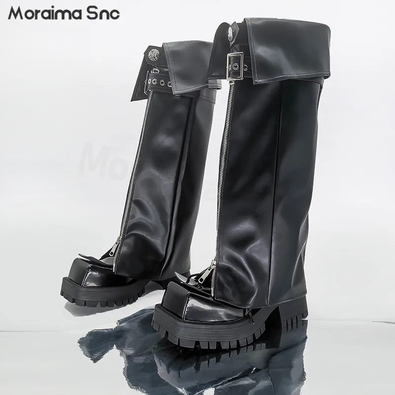 

Ботинки на толстой подошве в стиле ретро, черные тонкие брюки с увеличенной подошвой, квадратным носком, на шнуровке, с застежкой-молнией и пряжкой, модные сапоги