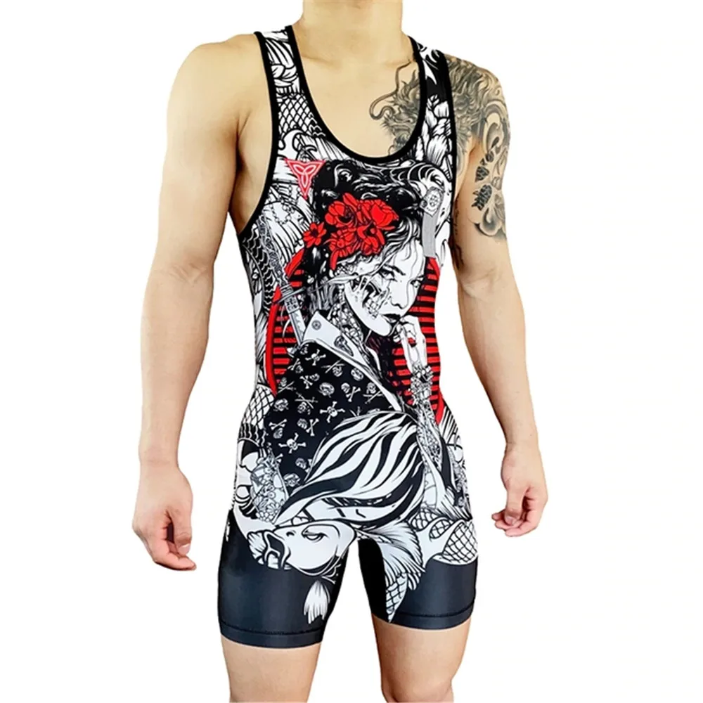 Mens Wrestling Sleeveless Singlets One-piece Powerlifting Gym Sport Fitness Clothing Running Bodysuit Suspenders Suit Swimwear