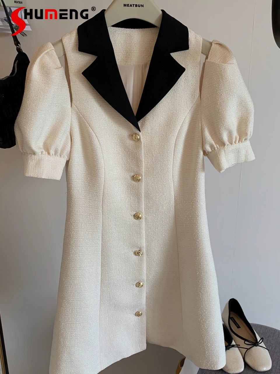 

French Mesh Puff Short Sleeve Suit Dress Elegant Lapel Slim Waist Mini Dress 2022 Summer New Stitching Suit Collar A- Line Dress