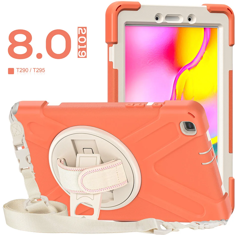 

360 Rotation Kickstand Kids Silicone Case for Samsung Galaxy Tab A 8.0 2019 T290 T297 T295 Shockproof Cover with Shoulder Strap