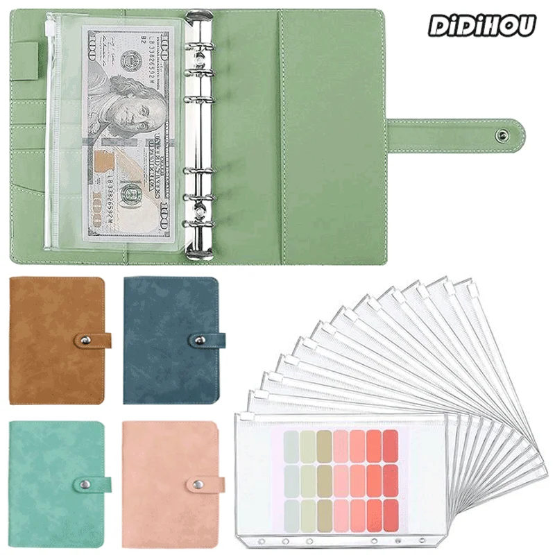 

PU Leather A6 Binder Budget Planner Notebook Cash Envelope Organizer System with Clear Zipper Pockets Expense Budget Sheets