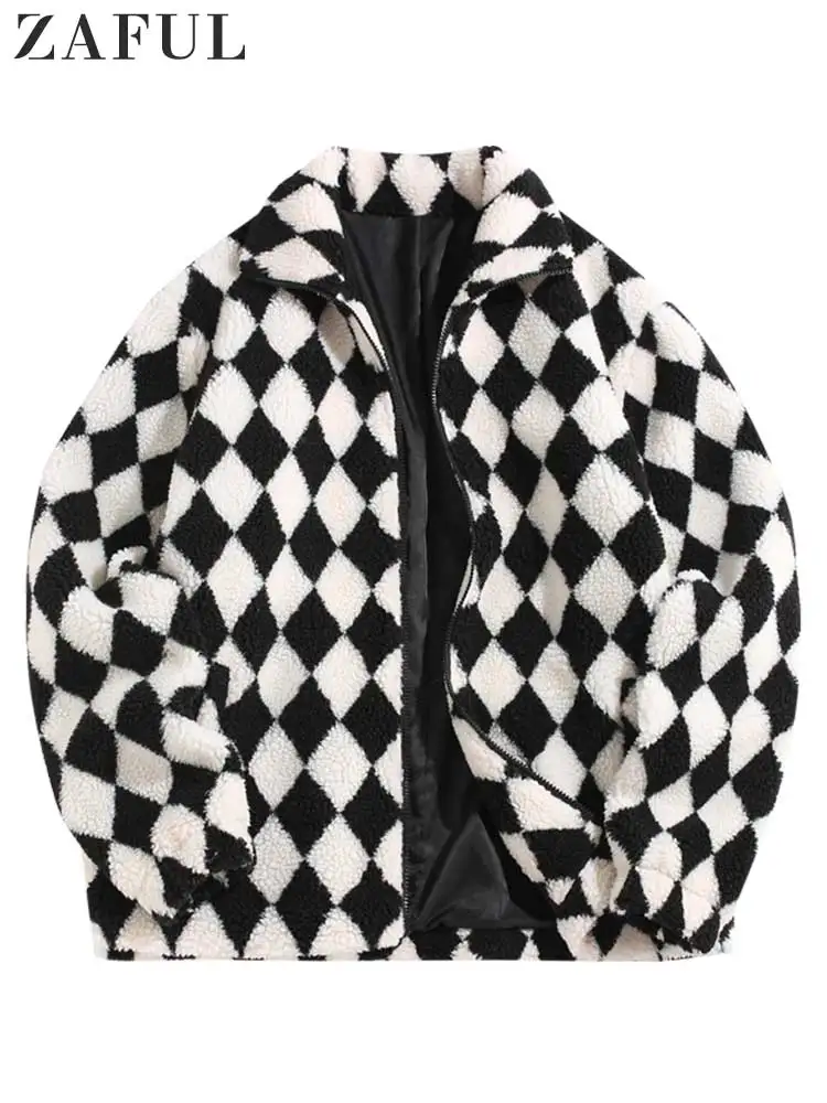 

ZAFUL Men's Jacket Fluffy Fleece Faux Shearling Coats Rhombus Pattern Zipper Unisex Outerwear Fall Winter Streetwear Warm Outfit