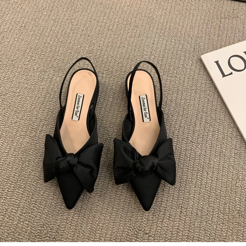 BOW Sandals Women 2022 Summer Pointed Low Heel Sandals Women Fashion Baotou Thin Strap Sandals High Heels Sandalias De Mujer