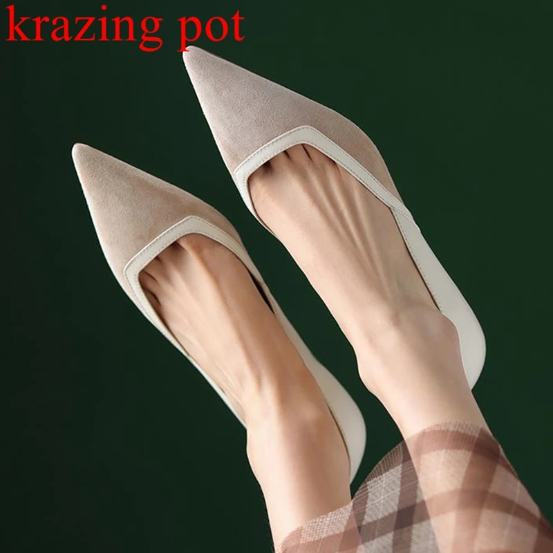 

Krazing Pot sheep suede pointed toe fairy dress convenient med heels slip on beauty mixed color maiden handmade summer pumps ins