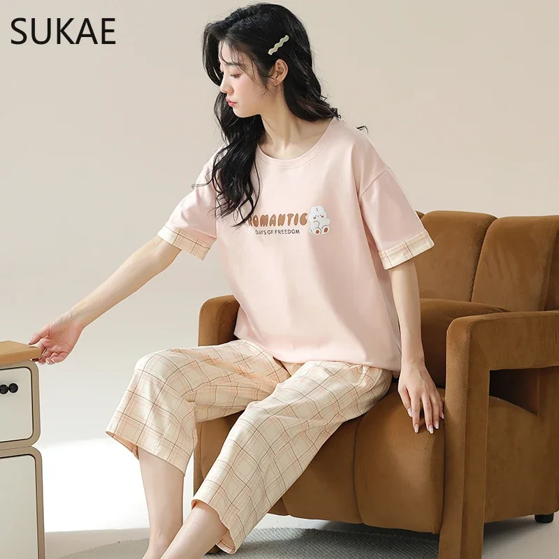 E damski zestaw piżam Capris rozrywka Cartoon do kolan bielizna nocna Lady z krótkim rękawem łydki Pijama ze sztucznej bawełny