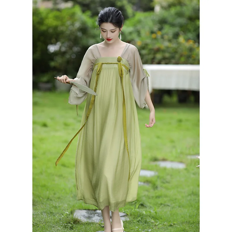 

Traditional Chinese Style Green Rose Lace Sleeves Hanfu Dresses Summer Women's Clothing Improved Gentle Hanfu Casual Vestido