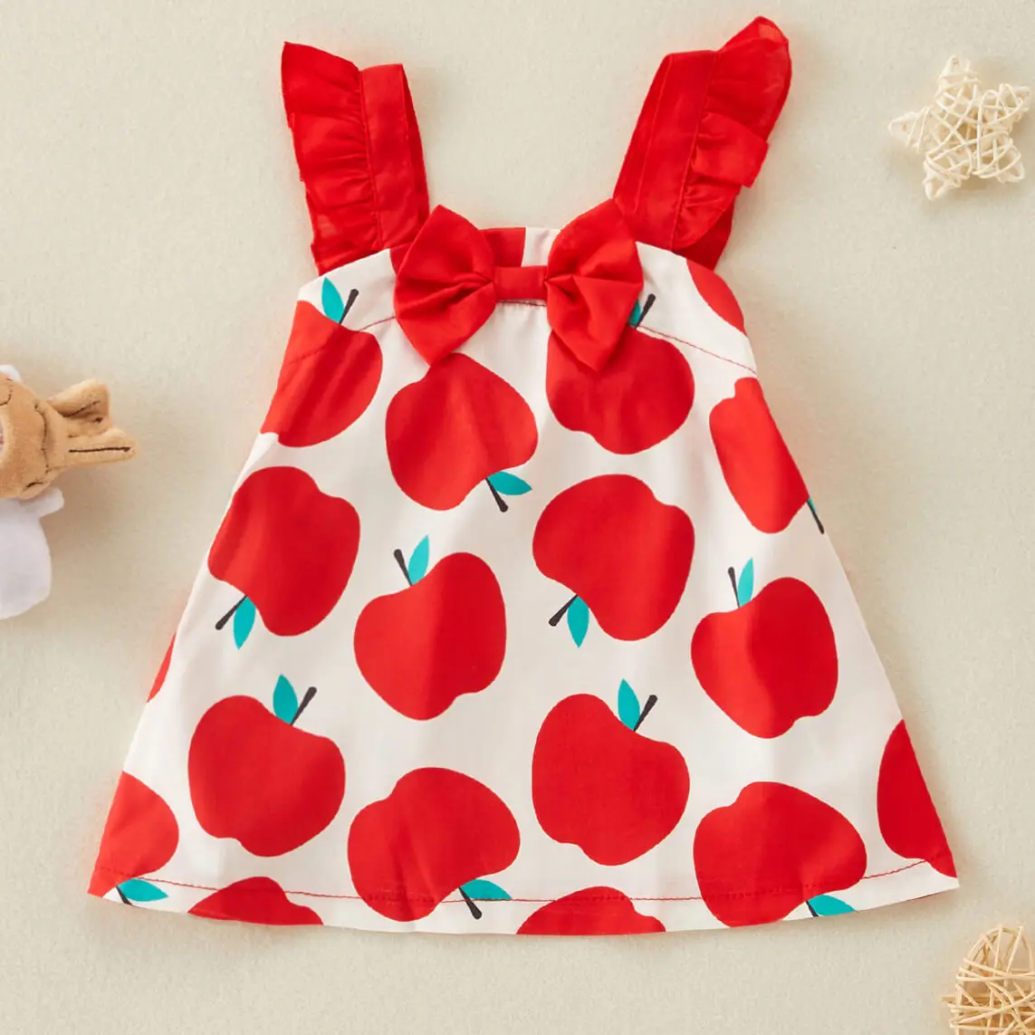 

hibobi Baby Girl Cute Bow Apple Print Suspender Skirt
