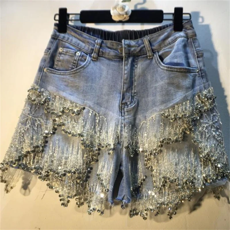 

Summer lace shorts diamond beaded sequins mesh high waist slim wide leg denim shorts women