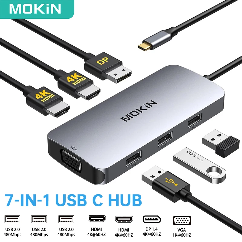 

MOKiN 7 IN 1 USB C Hub 2 HDMI 4K@60hz VGA USB 2.0 Port Displayport Port USB C Hub for Office PC Accessories Docking Station