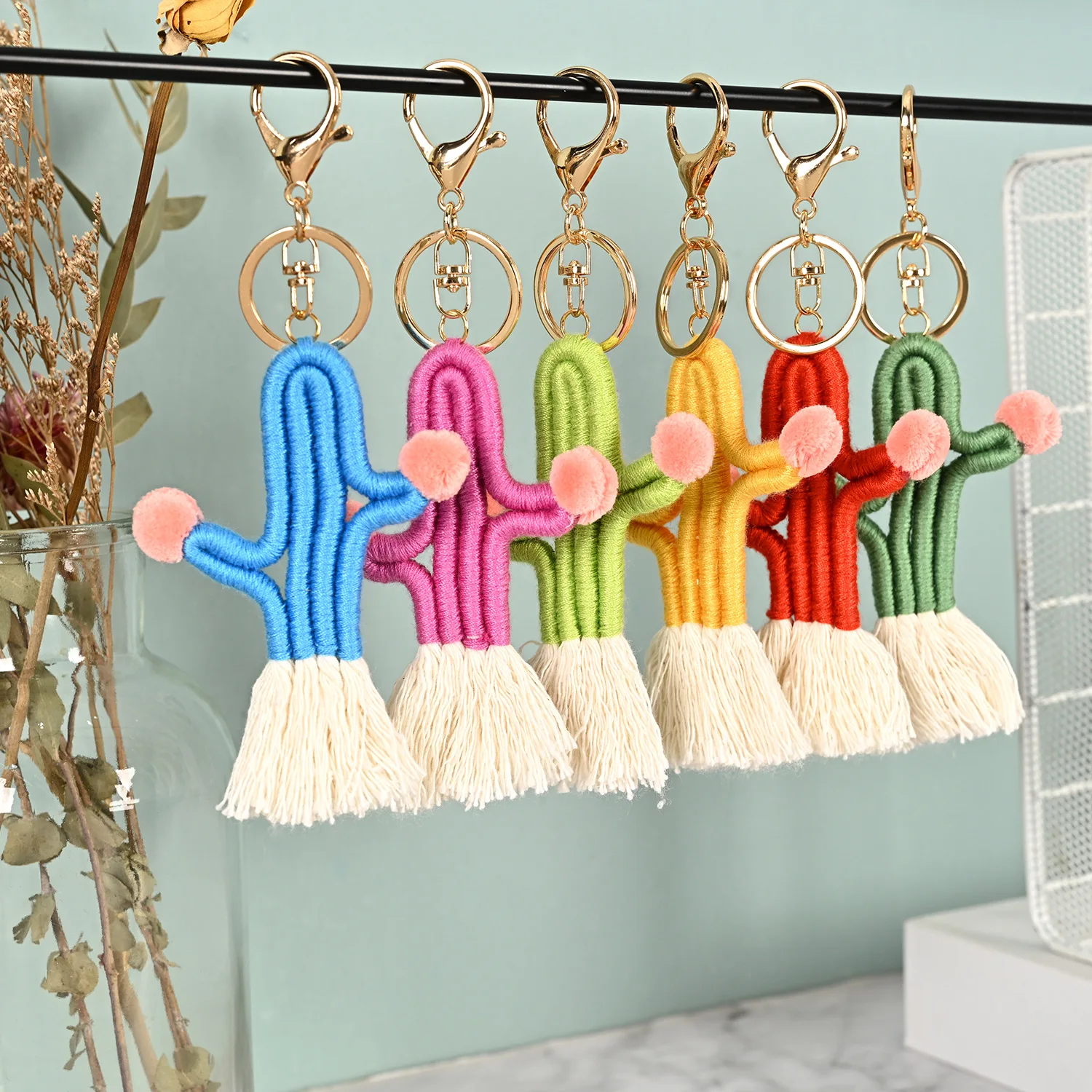 Fashion Car Keychains Knitting Green Cactus Boho Keychains For Women Cute Bag Keyrings Fashion Women Car Keys Keychain Wholesale 6