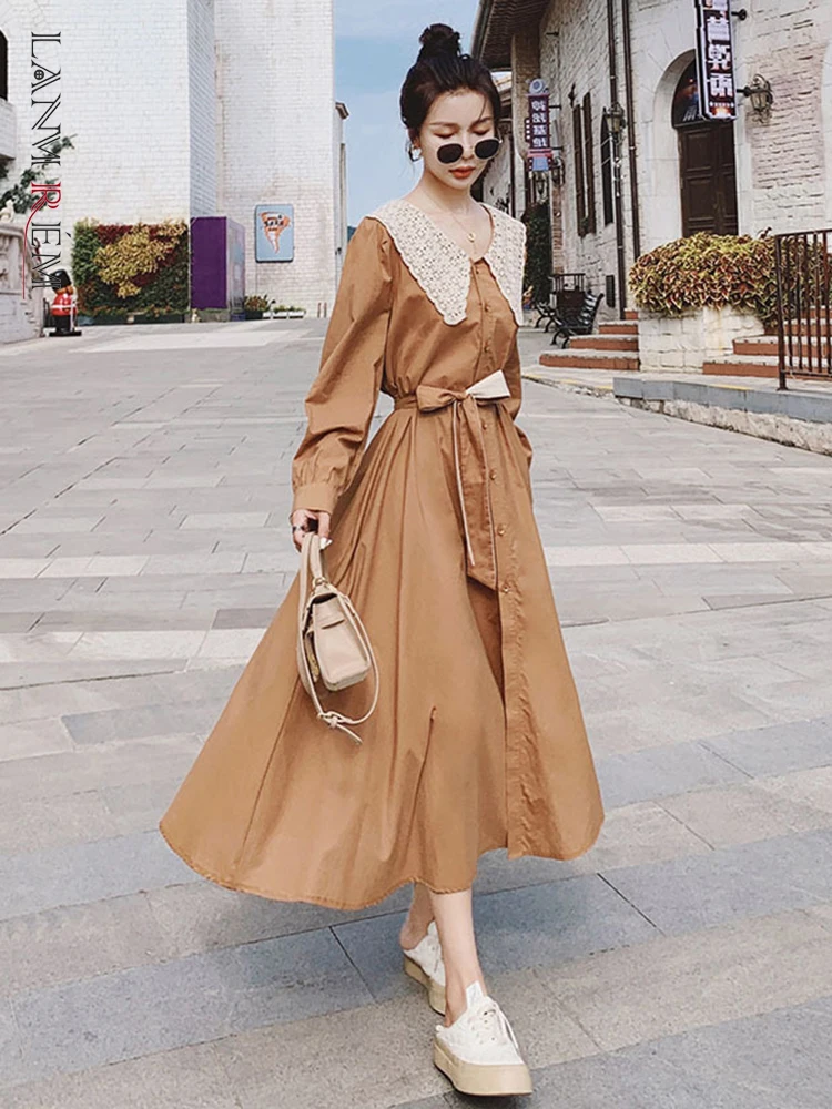 

LANMREM 2022 Autumn New Lace Hollow Stitching Long-sleeved Dress Korean Style Loose Fashion Mid-length Belt Dresses 2R4025