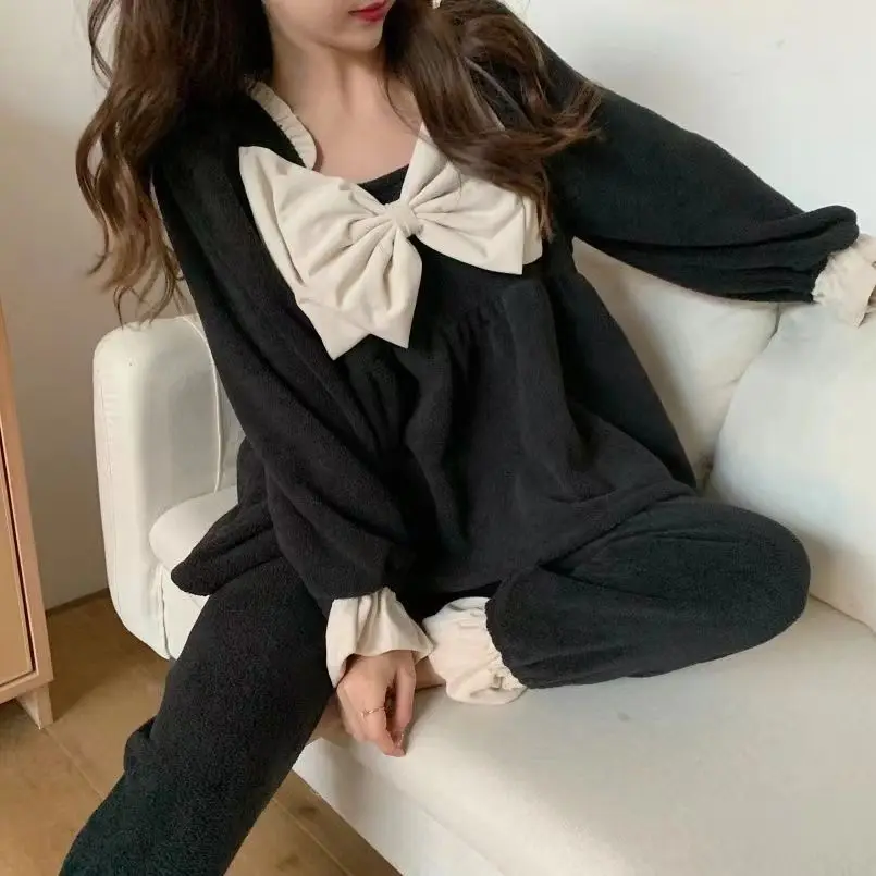 Women Pajama Sets Sweet Bow Long Sleeve Flannel Sleepwear Square Collar Tops Winter Warm Thick Loungewear Princess Pyjamas 2 Pcs