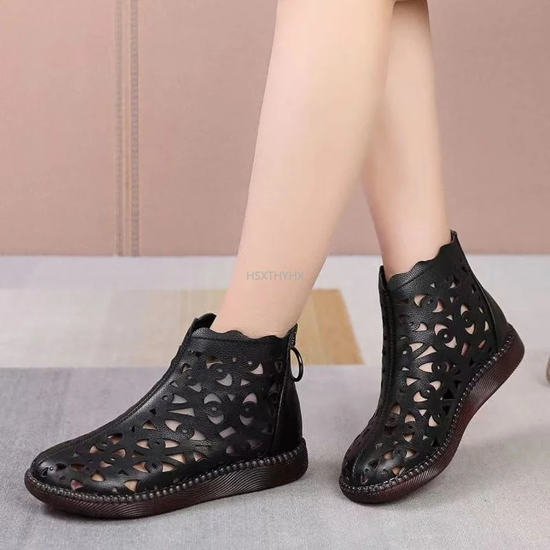 

Women's Sandal 2022 Leather Spring Summer Boots Breathable Hole Boots Flat Soft Non-slip Big Size 42 Comfortable Shoes Women