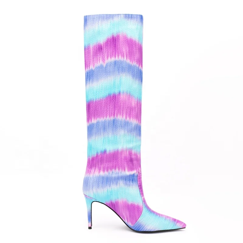 Multi Colors Tie-dyed Print Pointy Toe Women Shoes Booty Soft Pointy Toe Thin High Heel Knee High Boots for Women Big Size 47