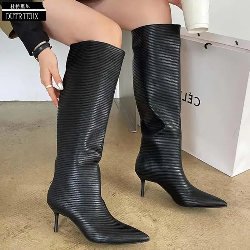 

2024 Boots Women Pumps Ladies Pointed Toe Modern Boots Knee-High Thin Heels Slip-On Western Autumn Fashion New In Female Shoes