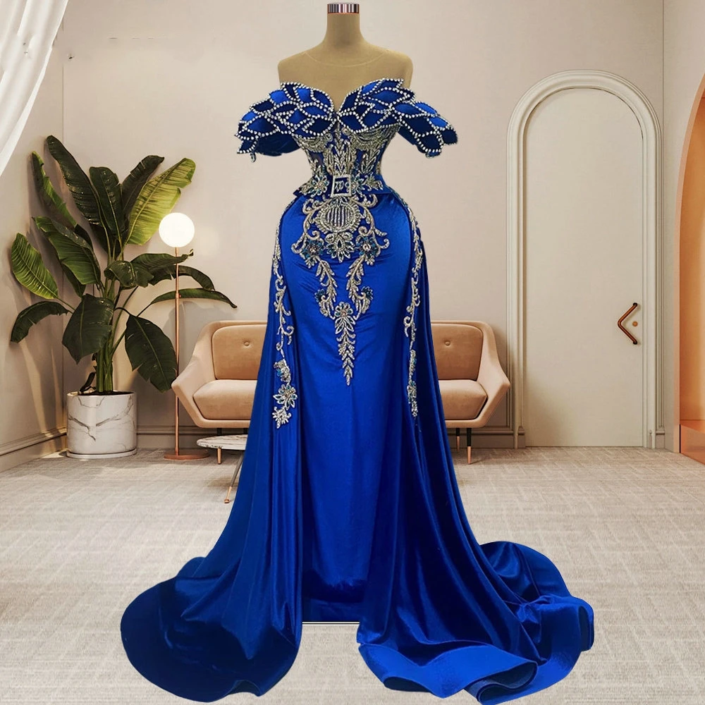 

Blue Off the Shoulder Evening Dress Crystals African Straight Fitted Wedding Party Dress Detachable Tail Formal Satin Prom Gown